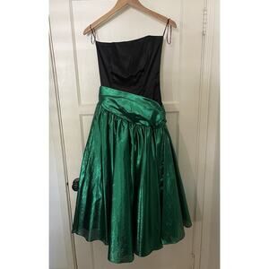 80s Vintage Dress Sz XS Green Black Metallic Party Cocktail Prom Strapless